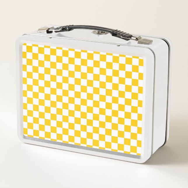 Tangerine yellow and white checkerboard metal lunch box (Back)