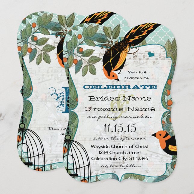 Tangerine Yellow & Black Art Deco Inspired Birds Invitation (Front/Back)