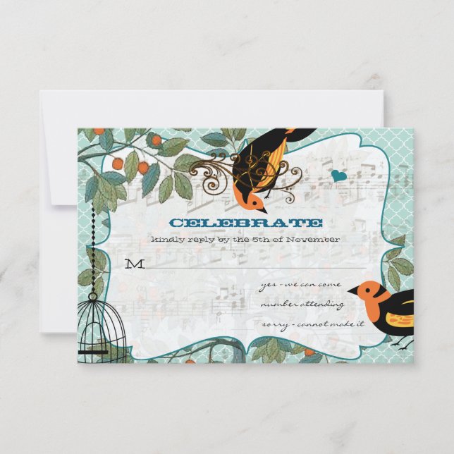 Tangerine Yellow & Black Art Deco Inspired Birds Invitation (Front)