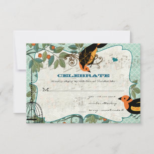 Tangerine Yellow & Black Art Deco Inspired Birds Invitation
