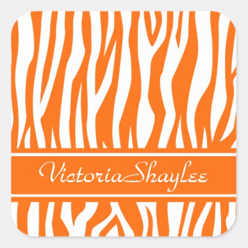 Tangerine Zebra Print with custom text Square Sticker