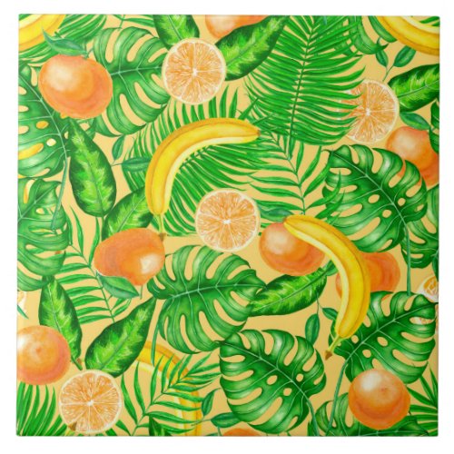 Tangerines bananas and tropical leaves ceramic tile