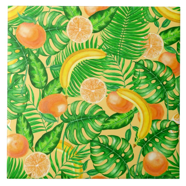 Tangerines, bananas and tropical leaves ceramic tile (Front)