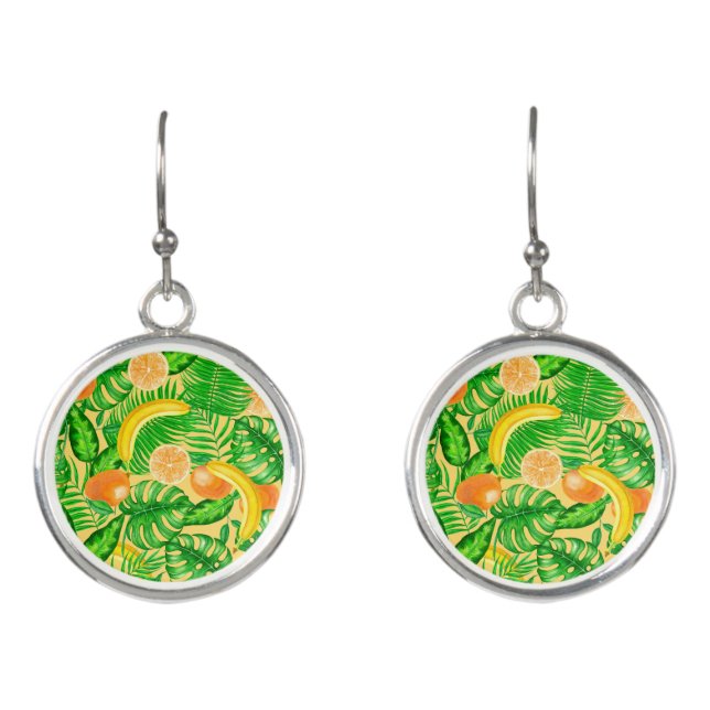 Tangerines, bananas and tropical leaves earrings (Front)