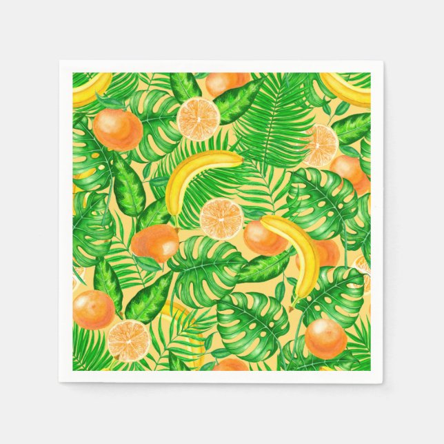 Tangerines, bananas and tropical leaves napkins (Front)