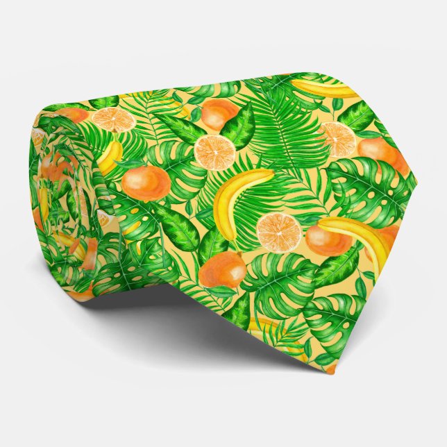 Tangerines, bananas and tropical leaves neck tie (Rolled)