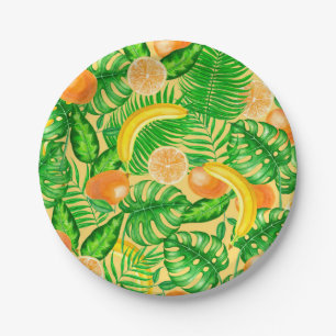 Tangerines, bananas and tropical leaves paper plates