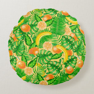 Tangerines, bananas and tropical leaves round pillow