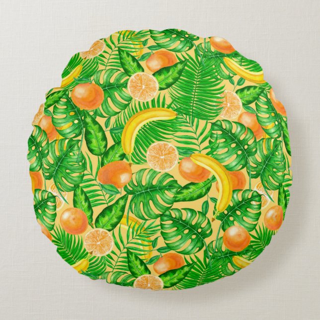 Tangerines, bananas and tropical leaves round pillow (Front)