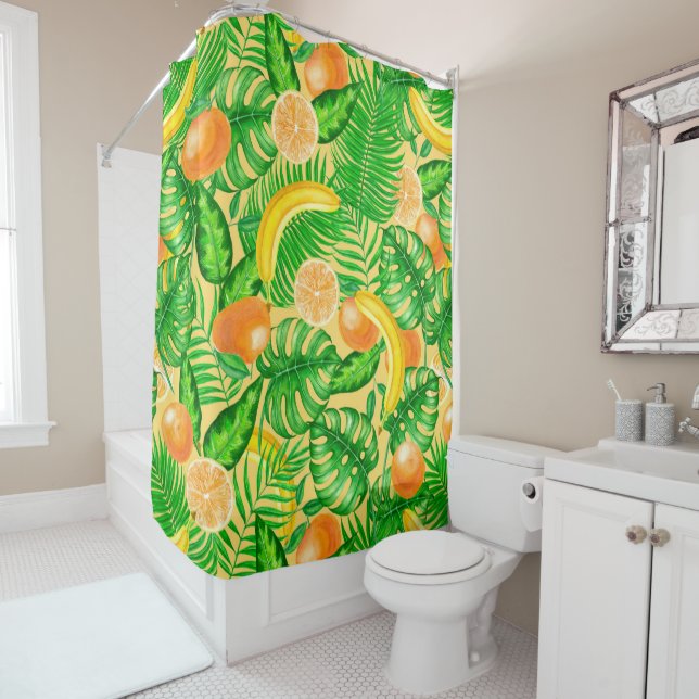 Tangerines, bananas and tropical leaves shower curtain (In Situ)