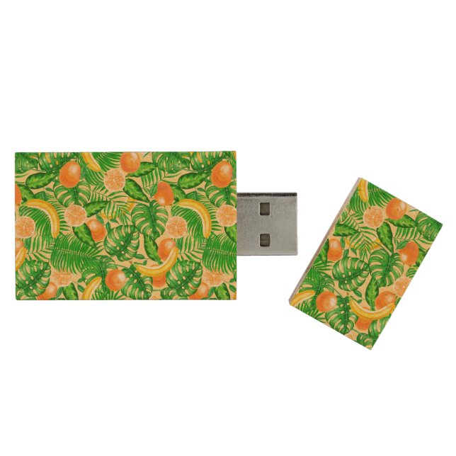 Tangerines, bananas and tropical leaves wood flash drive (Opened)