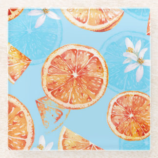 Tangerines Watercolor: Blue Luxurious Fabric Glass Coaster