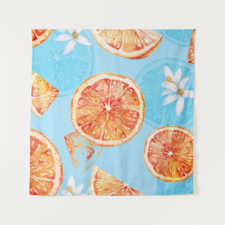 Tangerines Watercolor: Blue Luxurious Fabric Tapestry