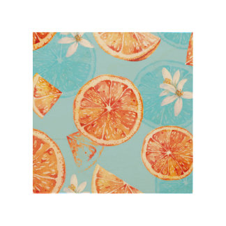 Tangerines Watercolor: Blue Luxurious Fabric Wood Wall Art