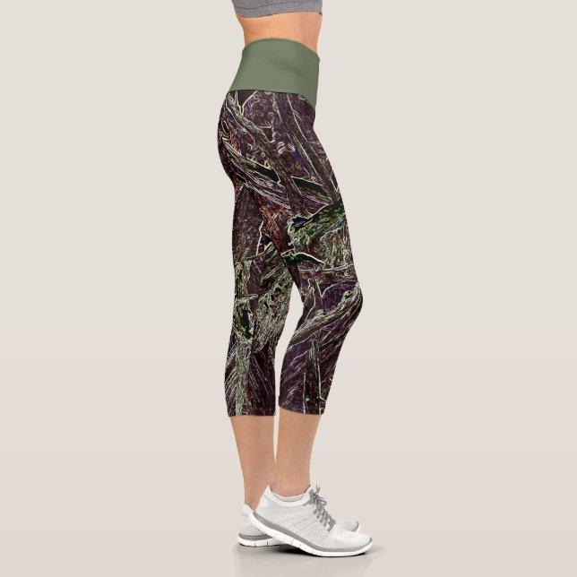 Tangled Branches Abstract 101 Green Capri  Leggings (Right)