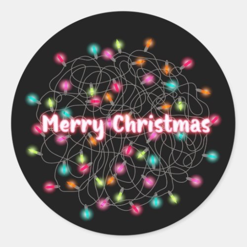 Tangled Christmas Lights Merry Christmas Neon Text Classic Round Sticker