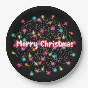 Tangled Christmas Lights Merry Christmas Neon Text Paper Plates