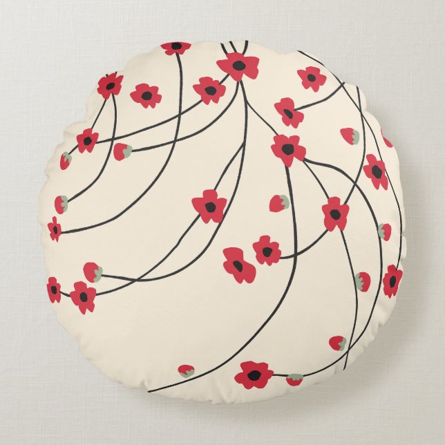 Tangled in Bloom Crimson Red Warm Vanilla Round Pillow (Front)