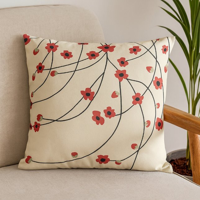 Tangled in Bloom Crimson Red Warm Vanilla Throw Pillow (Creator Uploaded)
