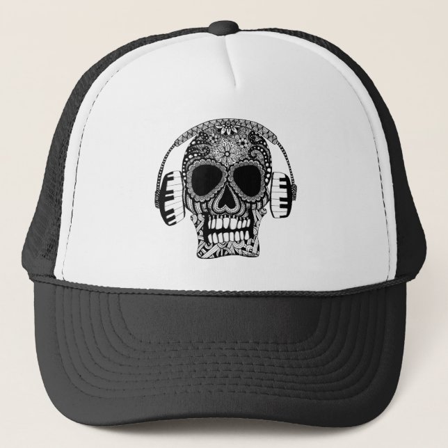 Tangled Skull with Headphones Trucker Hat (Front)