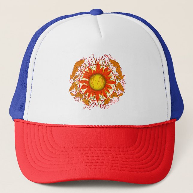 Tangled Sun, Orange Abstract Sunshine Trucker Hat (Front)