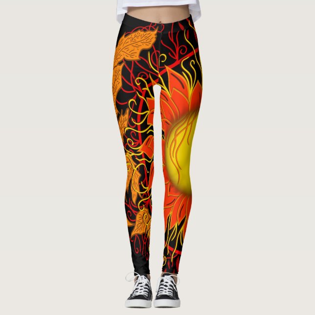 Tangled Sun, Sunrays Abstract Orange Modern Leggings (Front)