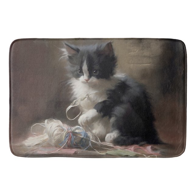 Tangled Up In Fun Black and White Kitten Bath Mat (Front)