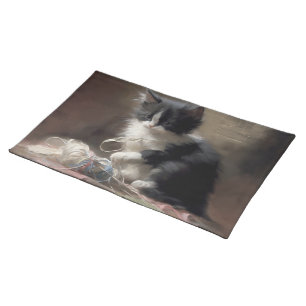 Tangled Up In Fun Black and White Kitten Cloth Placemat