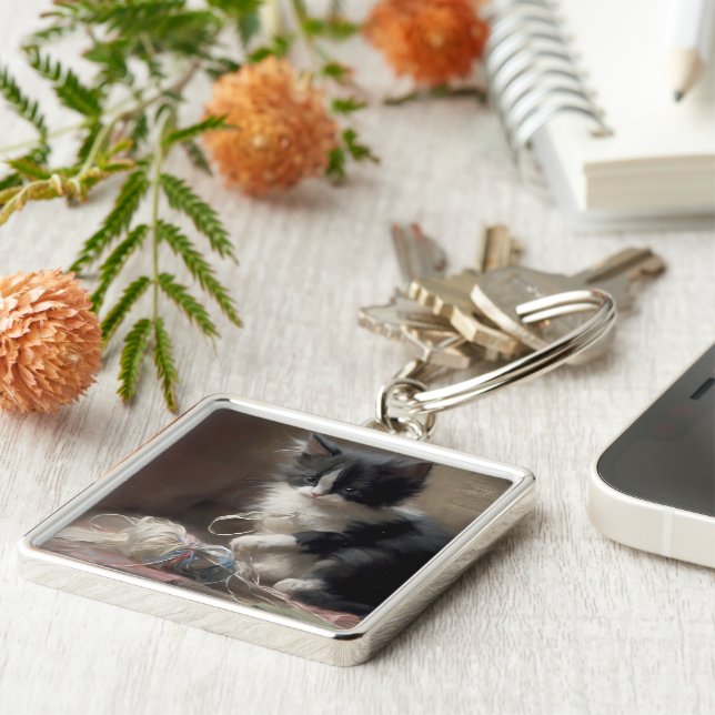 Tangled Up In Fun Black and White Kitten Keychain (Side)