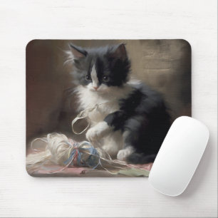 Tangled Up In Fun Black and White Kitten Mouse Pad