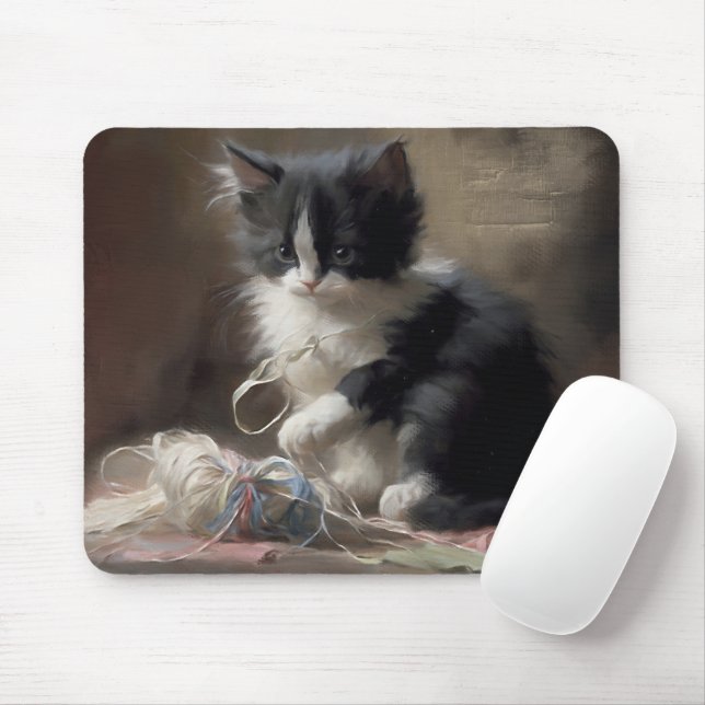 Tangled Up In Fun Black and White Kitten Mouse Pad (With Mouse)