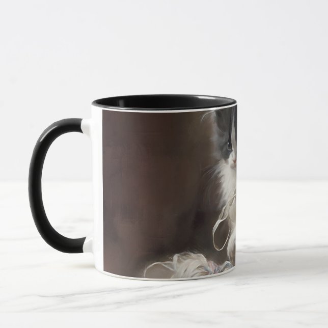 Tangled Up In Fun Black and White Kitten Mug (Left)
