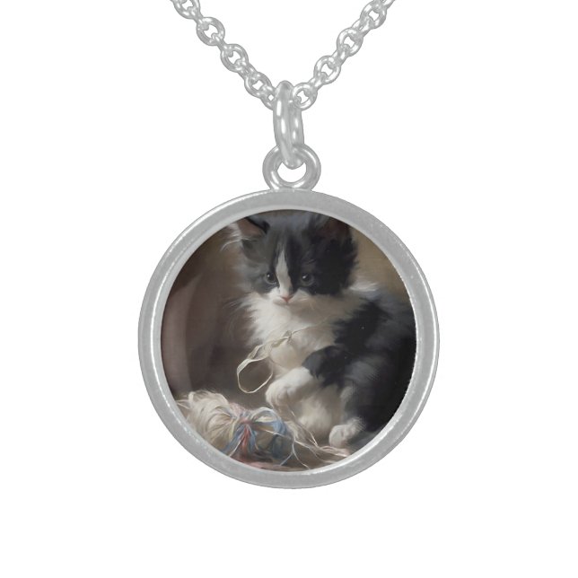 Tangled Up In Fun Black and White Kitten Sterling Silver Necklace (Front)