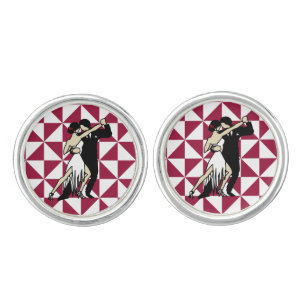 Tango Dancers on Burgundy Geometric Background Cufflinks