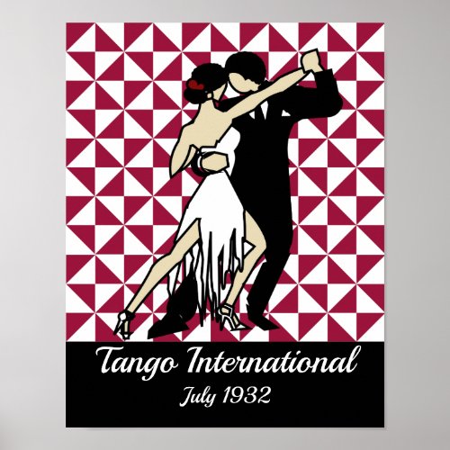 Tango Dancers on Burgundy Geometric Background Poster