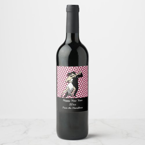 Tango Dancers on Burgundy Geometric Background Wine Label