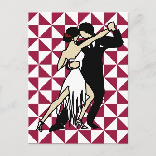 Tango Dancers on Maroon Geometric Background Postcard