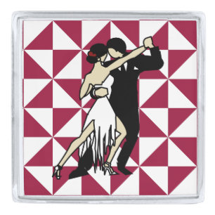 Tango Dancers on Maroon Geometric Background Silver Finish Lapel Pin