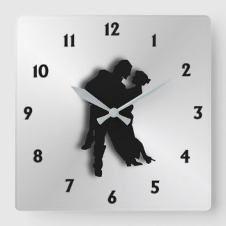 Tango Dancers Silhouette Twelve Numbers Square Wall Clock