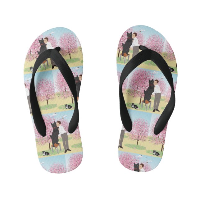 Tango with a black cat kid's flip flops (Footbed)