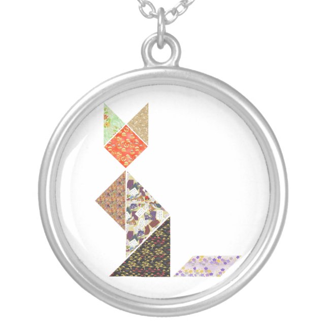 Tangram Cat Silver Plated Necklace (Front)