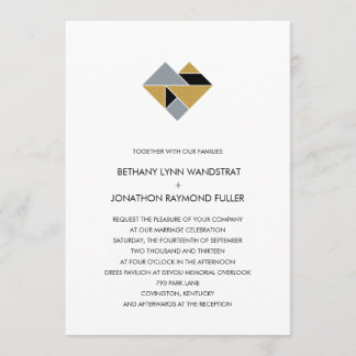 Tangram Heart Wedding Invitation Black Gold Silver