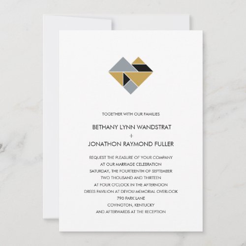 Tangram Heart Wedding Invitation Black Gold Silver