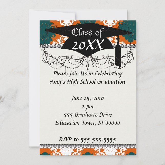 tangy orange teal white damask pattern invitation (Front)