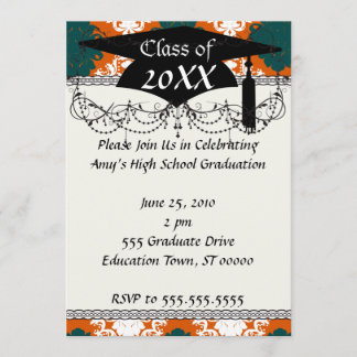 tangy orange teal white damask pattern invitation