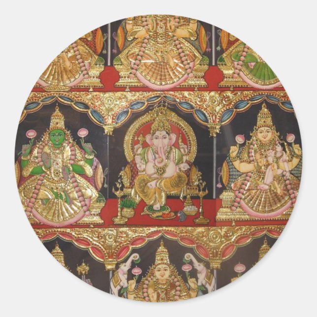 TANJORE PAINTING ASHTALAKSHMI SOUTH INDIA CLASSIC ROUND STICKER (Front)