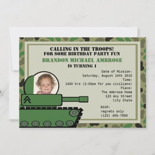 Tank Party Birthday/ Photo Personalized Invitations