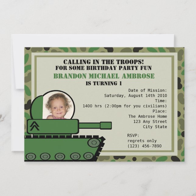 Tank Party Birthday/ Photo Invitation (Front)