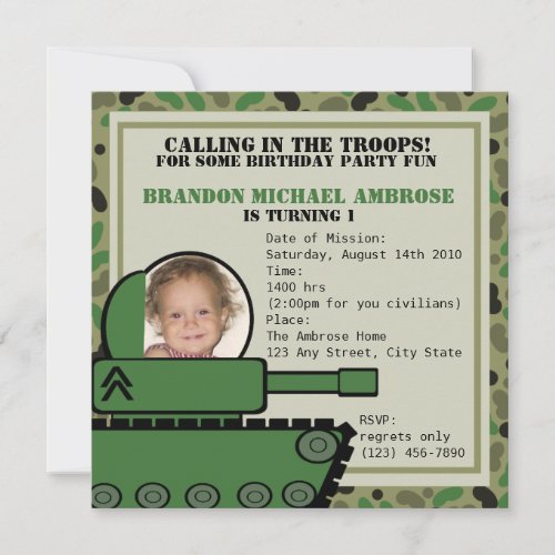 Tank Party Birthday Photo Invitation