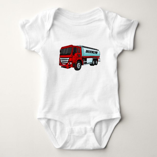 Tanker truck fuel transport cartoon illustration baby bodysuit (Front)